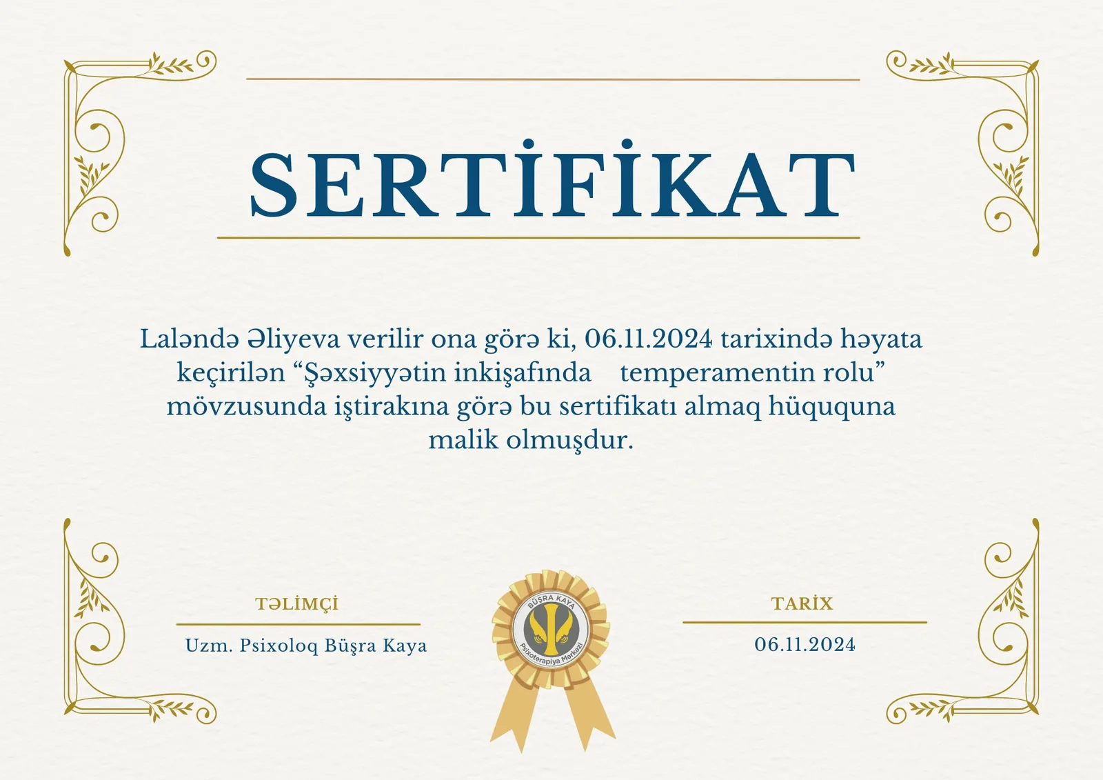Şəxsiyyətin inkişafında temperamenti rolu sertifikatı